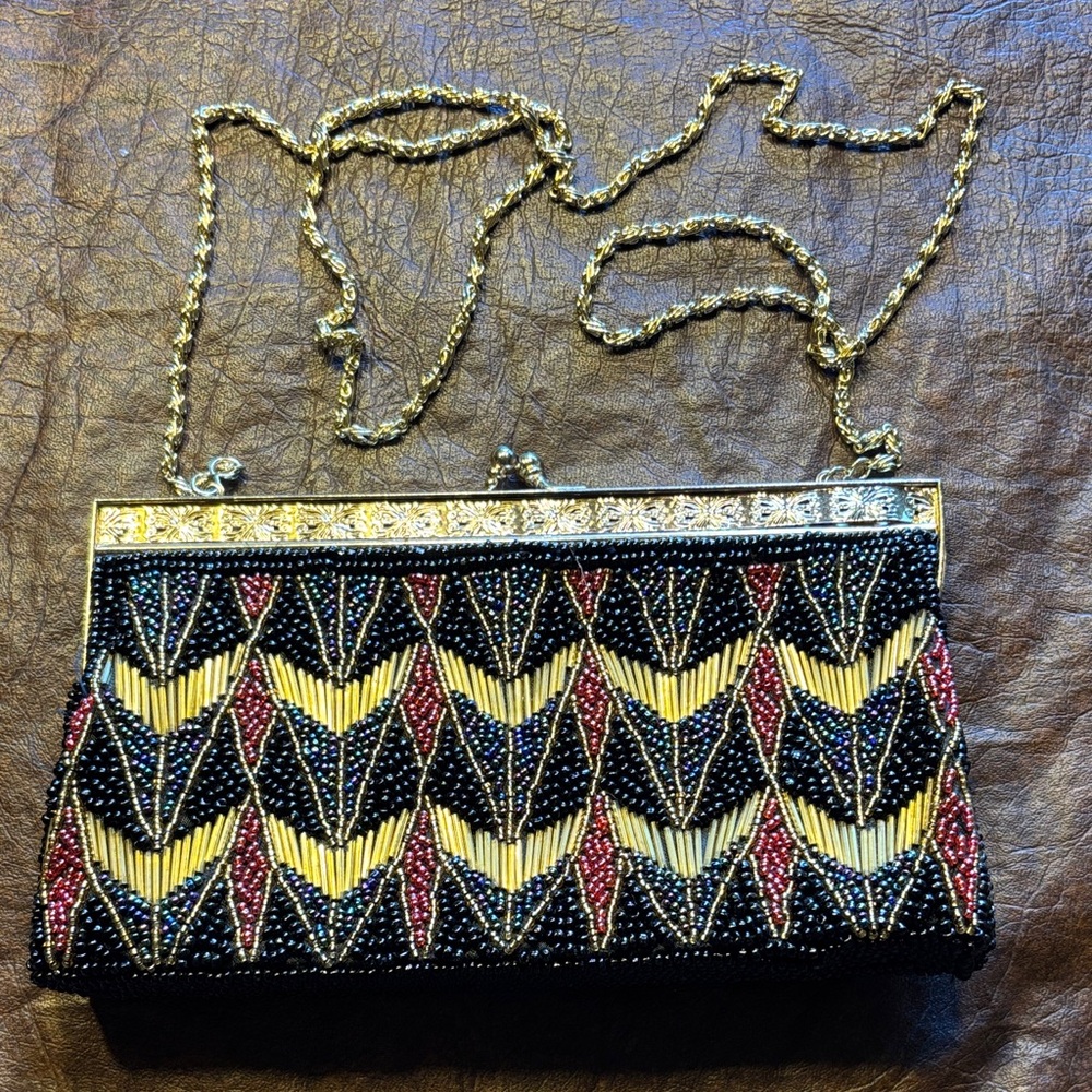 Elegant Black and Gold Beaded Vintage Clutch